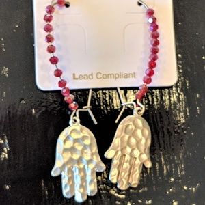 Red Bead Silver Tone Hand Earrings